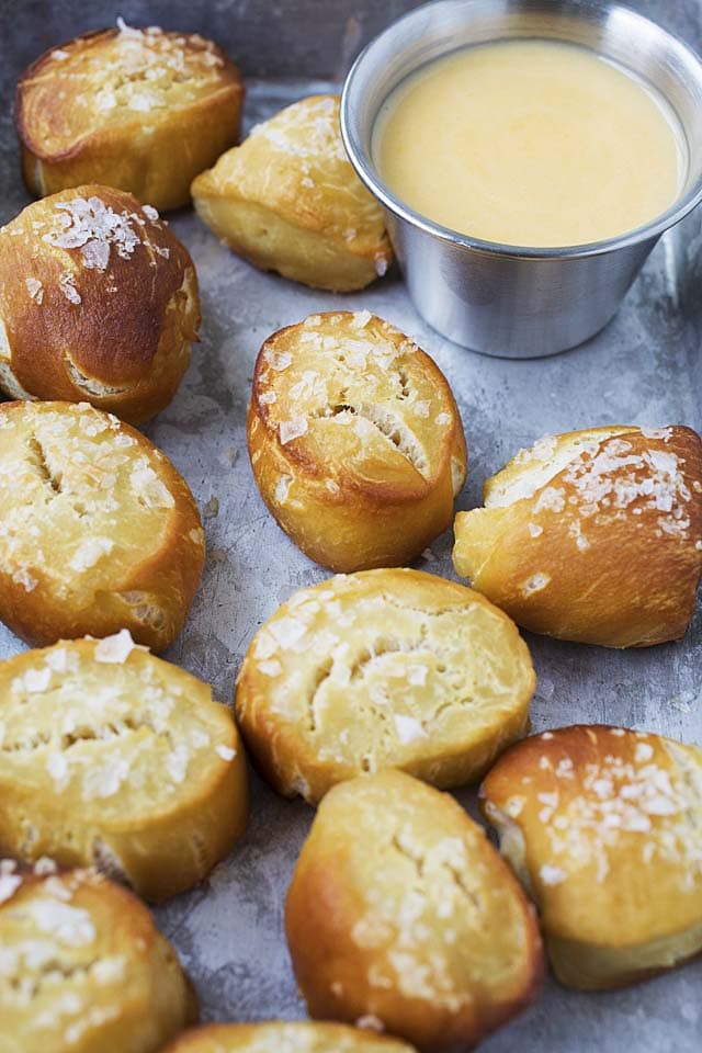 Close up of chewy and soft cheddar bites on a serving tray.