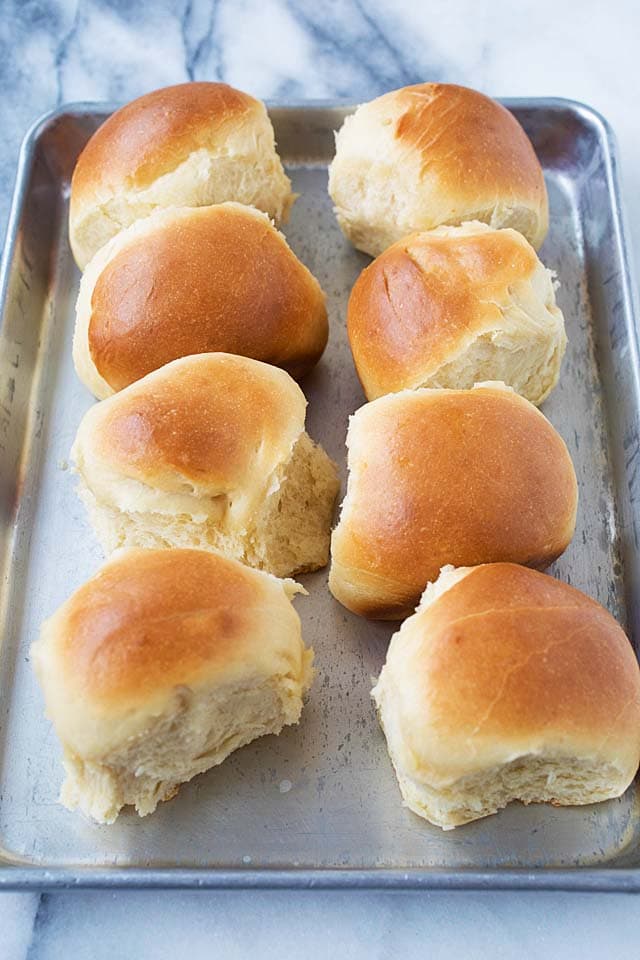 Quick dinner rolls on baking tray.