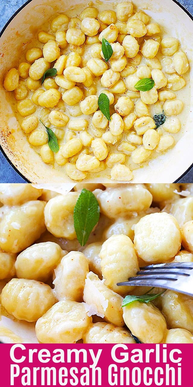 Creamy Garlic Parmesan Gnocchi - easy skillet gnocchi in garlicky, cheesy and creamy sauce. This recipe takes only 15 mins to make and perfect for weeknight dinner.