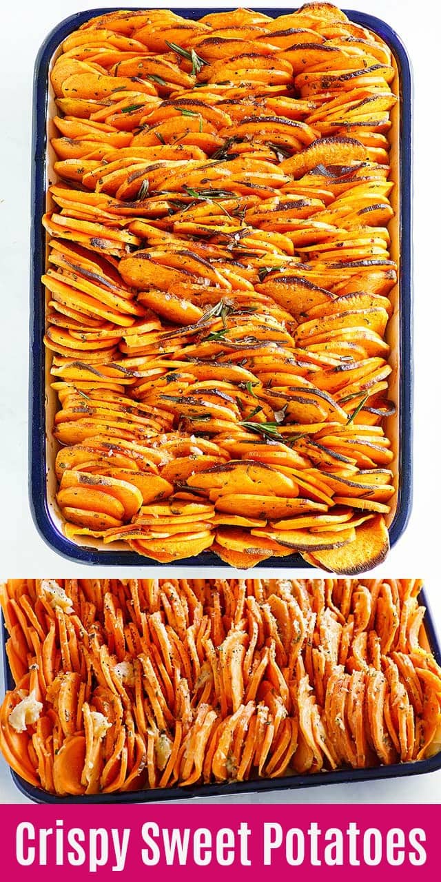 This baked sweet potato recipe is one of the best sweet potato recipes ever! Thinly sliced chips are baked to crispy and buttery goodness. So easy and delicious!