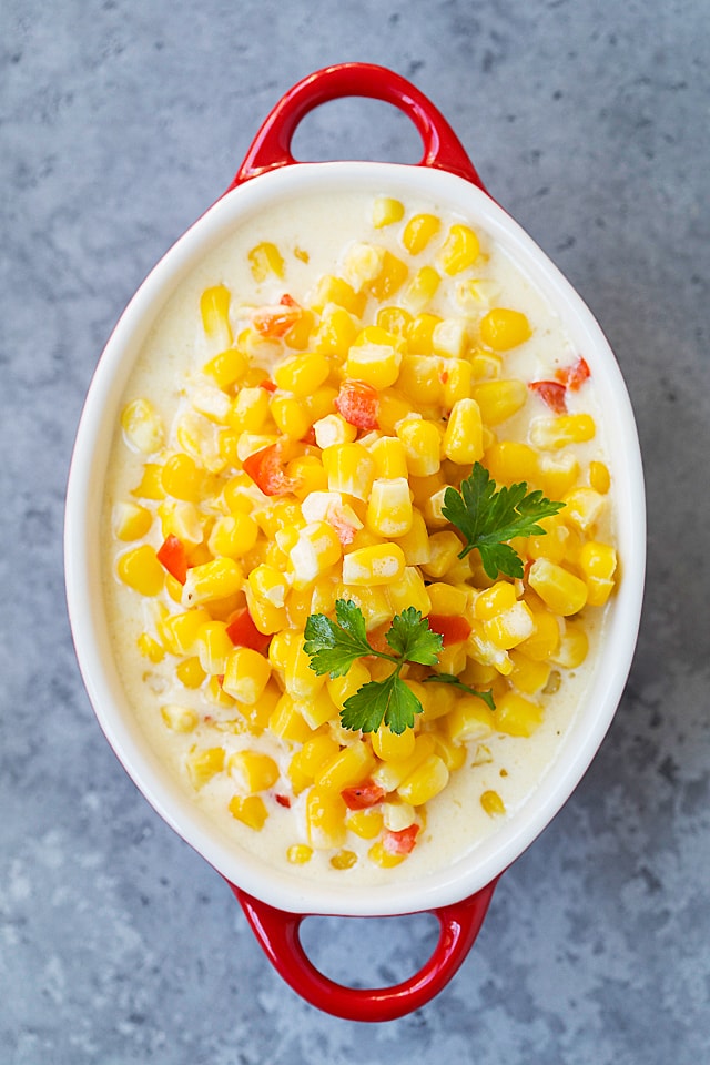 Top down picture of creamed corn made in an Instant Pot pressure cooker.
