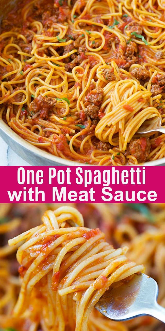 Quick and easy one pot spaghetti with meat sauce recipe that takes 20 mins to make.  The delicious meat sauce is loaded with ground beef and made from scratch!
