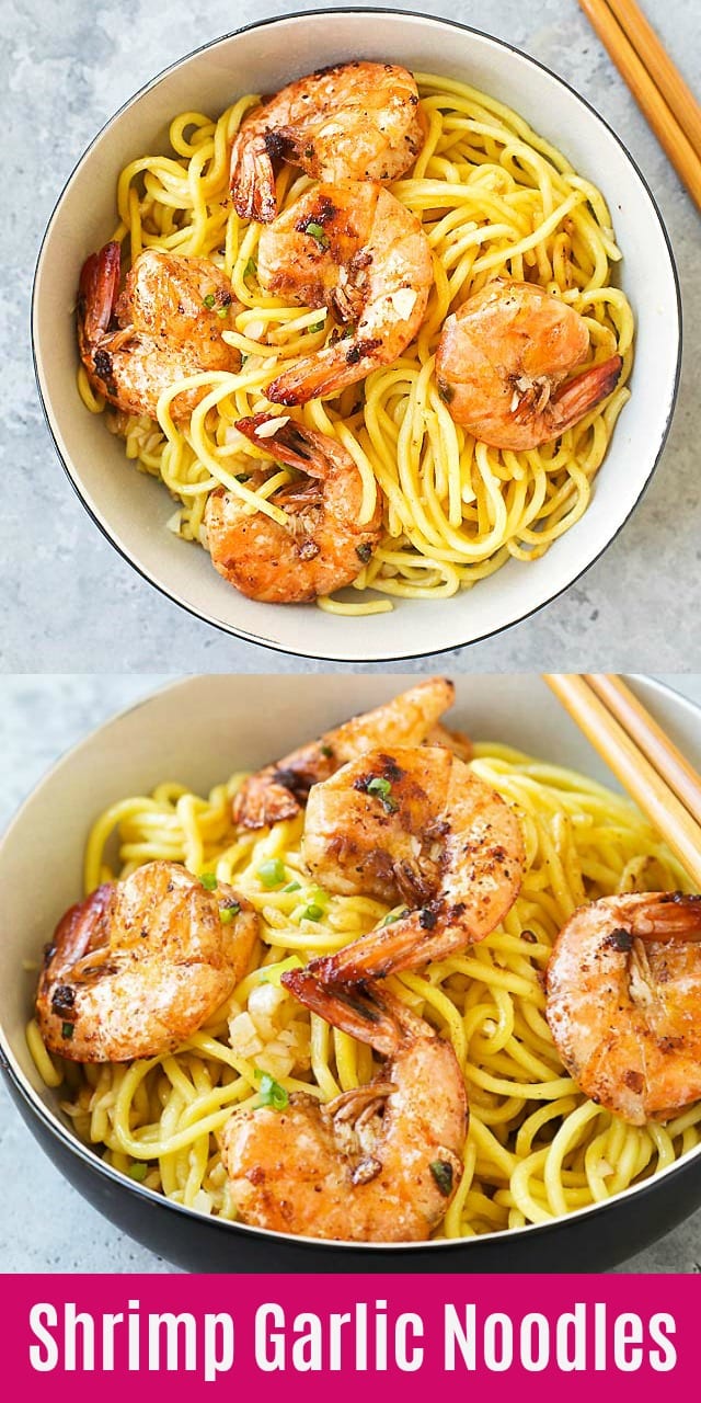 Shrimp Garlic Noodles - the best garlic noodles you'll ever make. Buttery, garlicky noodles served with juicy jumbo shrimp. It's so good, just like the best Asian restaurants | rasamalaysia.com