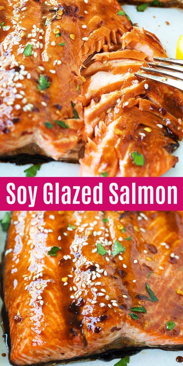 Soy Glazed Salmon with a savory and flavorful soy sauce mixture. This oven baked salmon recipe is so easy. It takes 10 mins prep time and dinner is ready.