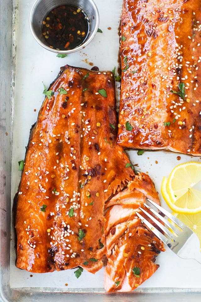 Easy and quick soy glazed salmon, ready to be served.