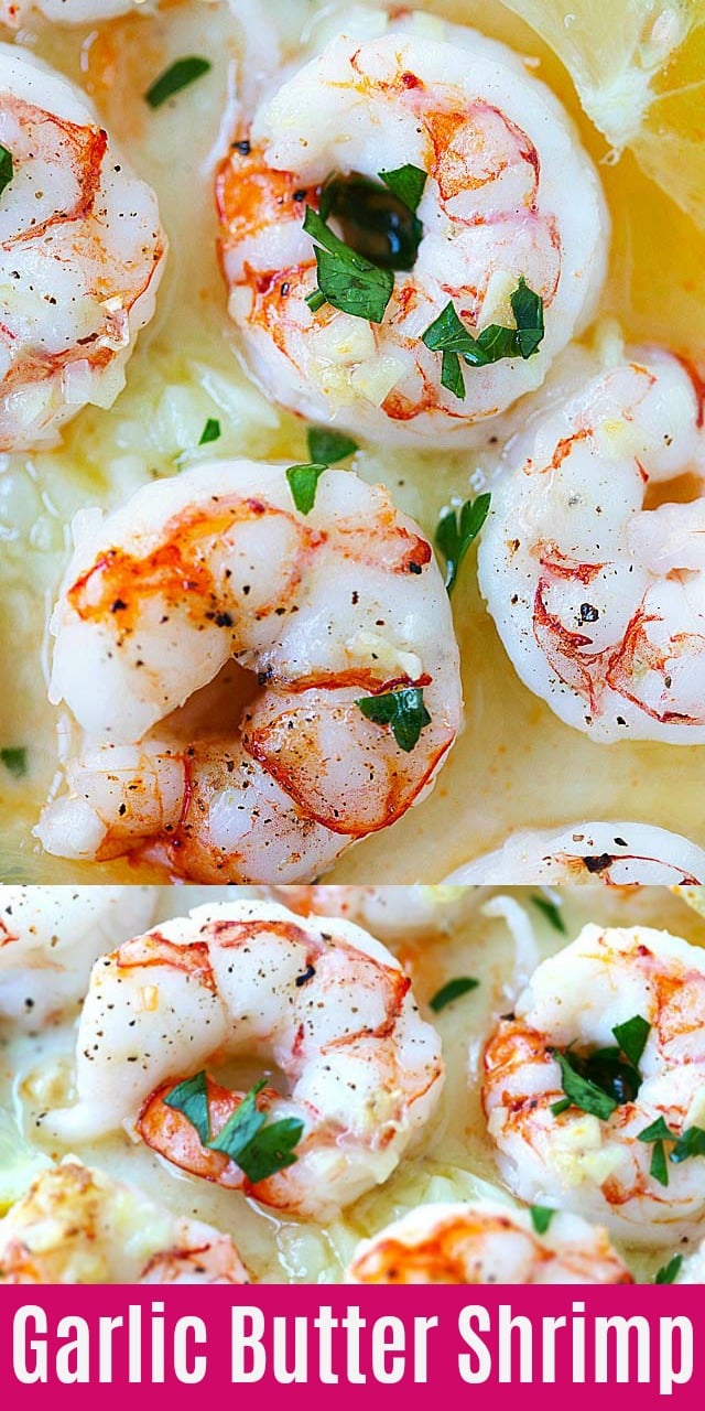 Broiled Shrimp with Garlic Butter - easy oven broiled shrimp recipe with lots of minced garlic and butter. Moist, juicy and delicious shrimp that takes only 15 mins to make!