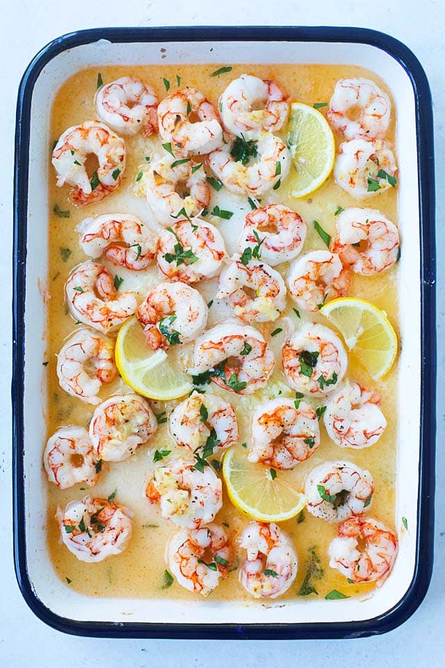 Garlic Butter Shrimp in a white tray, ready to be served.