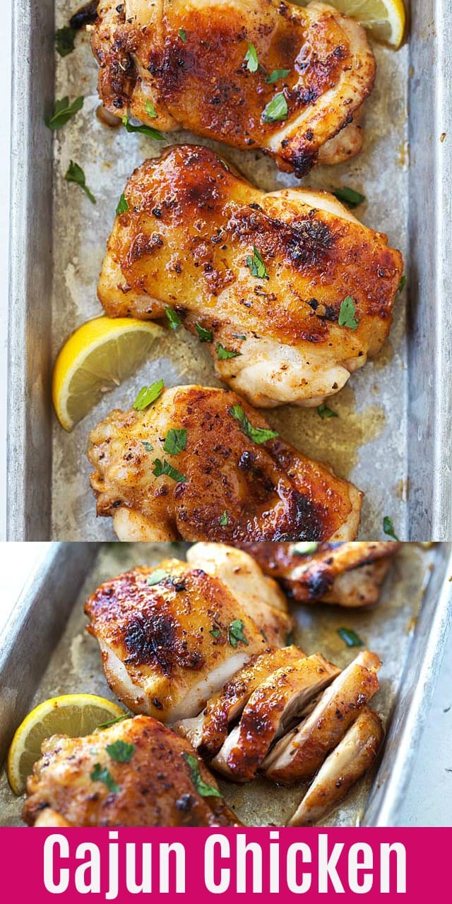 Cajun Chicken - moist, juicy, tender Cajun baked chicken  with crispy skin. This Cajun Chicken recipe takes only 10 mins active time. So delicious!