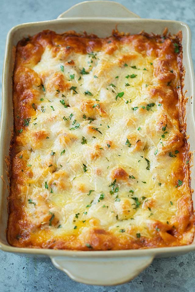 Cheesy Baked Tortellini in a baking dish.