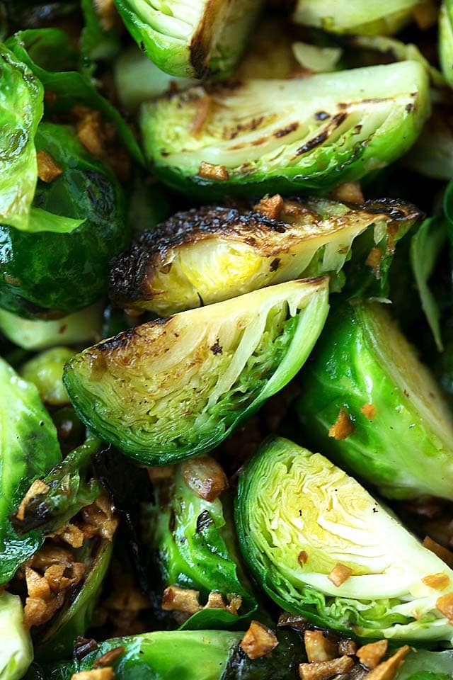 Close up of easy homemade sauteed brussels sprouts with garlic.