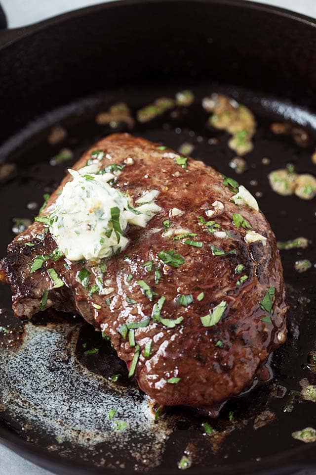 Skillet keto garlic butter steak.