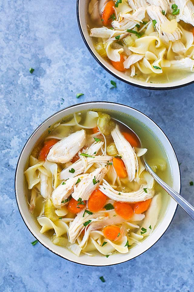 Instant Pot Chicken Noodle Soup, served in two bowls.