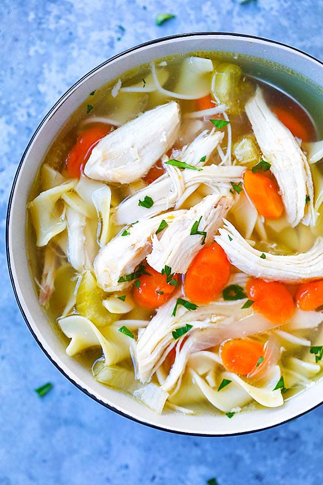 Top down picture of chicken noodle soup, made with Instant Pot.