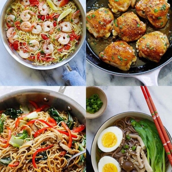 Creamy shrimp and sun-dried tomatoes pasta, sweet garlic chicken, vegetable lo mein and japanese soba noodle soup.