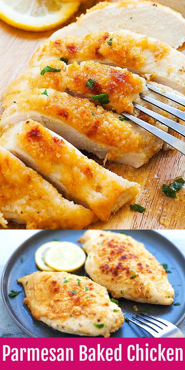 Bake chicken breasts with Parmesan cheese is so easy to make in the oven. These juicy and moist chicken breasts are marinated with olive oil and garlic-lemon seasonings. So delicious!