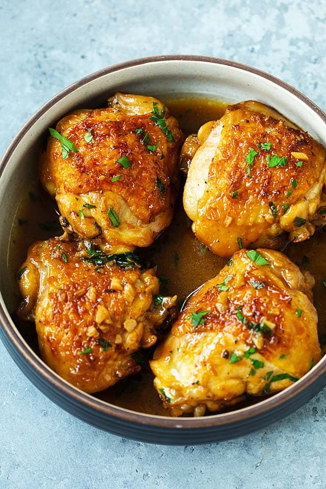Chicken thighs cooked with brown sugar garlic sauce.