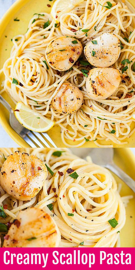 Creamy Scallop Pasta - restaurant-worthy creamy pasta recipe loaded with succulent scallops in white wine cream sauce. So easy and delicious!!