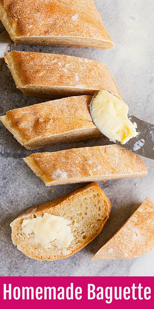 French Baguette with crispy and golden crust. Nothing beats hot-off-the-oven baguettes to accompany a family meal. This is a fail-proof baguette recipe!