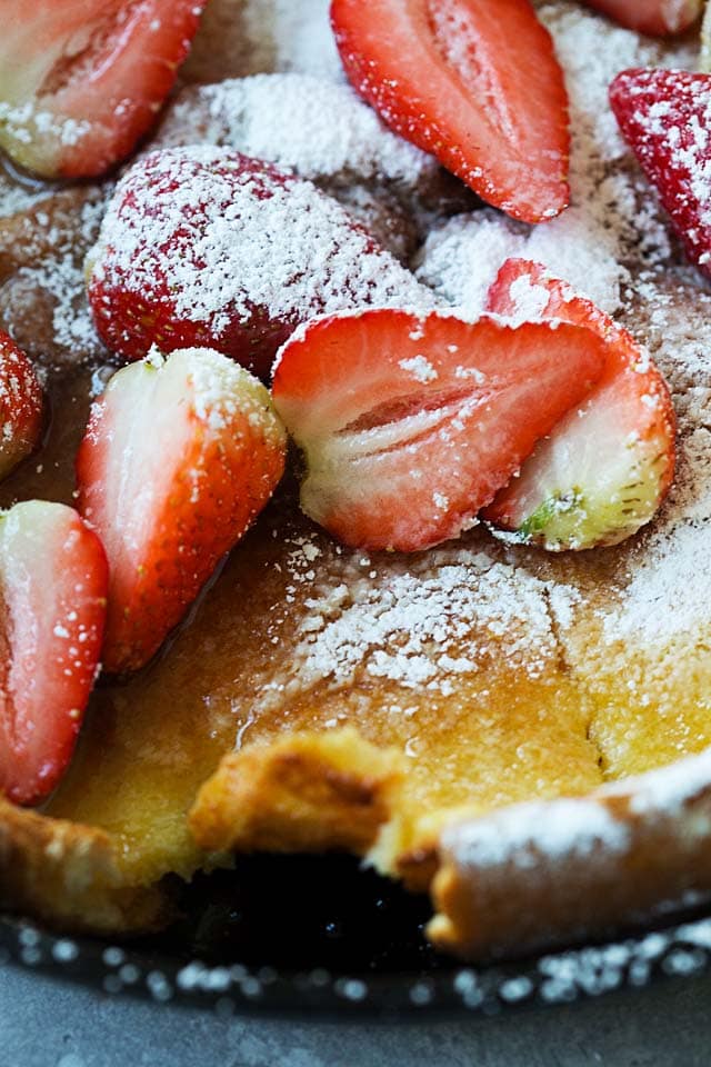 Close up photo of German Pancake in a skillet.