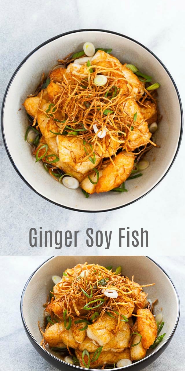 Ginger Soy Fish - crispy and perfectly cooked fish in a mouthwatering sauce. Topped with ginger and scallion, this recipe is so good with steamed rice!
