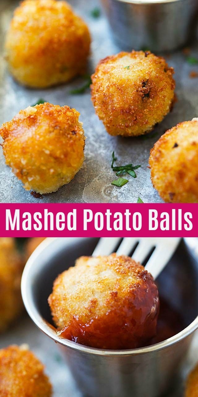 Mashed Potato Balls - crispy fried mashed potato balls loaded with bacon and cheddar cheese. The best recipe to use up leftover mashed potatoes.