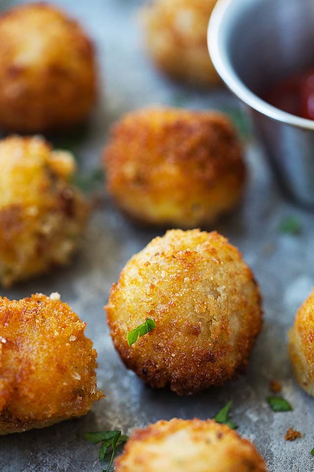 Mashed potato balls stuffed with bacon and cheddar cheese.
