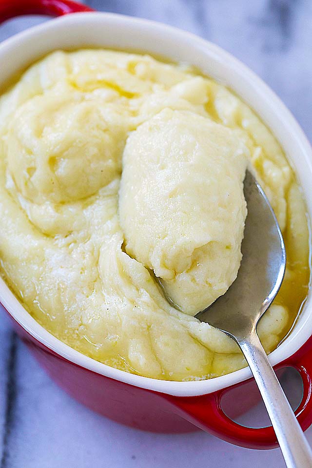 Close up of mashed potatoes made with yukon gold, heavy cream, butter and salt.