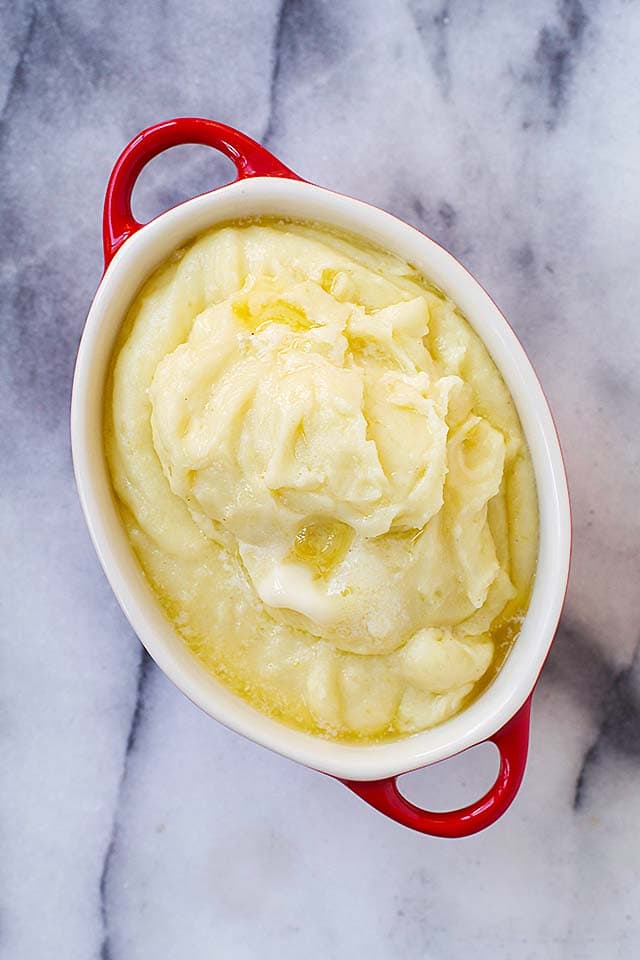 Mashed potatoes in a bowl, ready to serve.