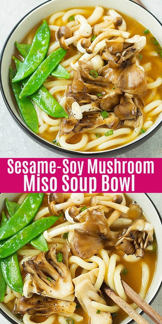 Sesame-Soy Mushroom Miso Soup Bowl - easy udon noodle soup topped with sesame oil and soy sauce mushrooms. So healthy and delicious!