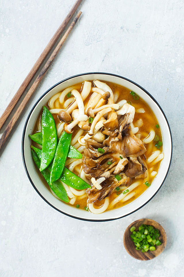 Easy sesame-soy mushroom miso soup bowl with udon noodles.