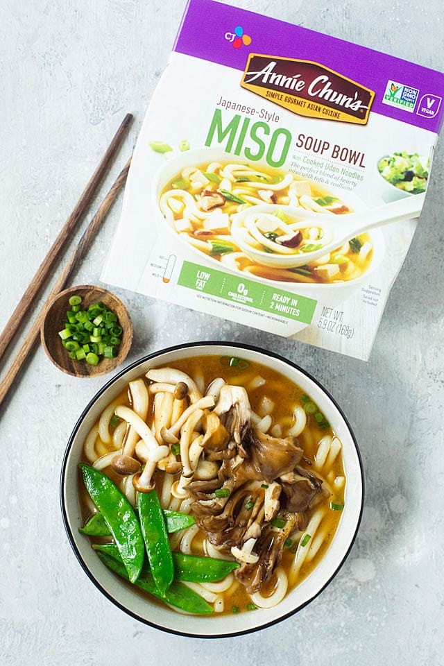 Miso Udon Noodle Soup Bowl with mushrooms toppings.