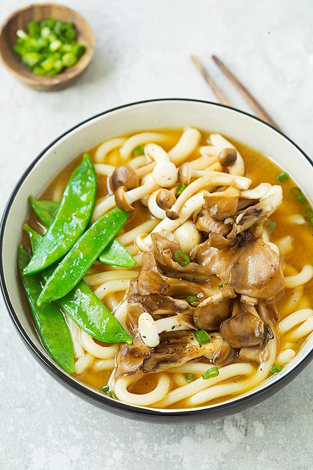 Udon noodle soup with miso flavors, ready to be served.