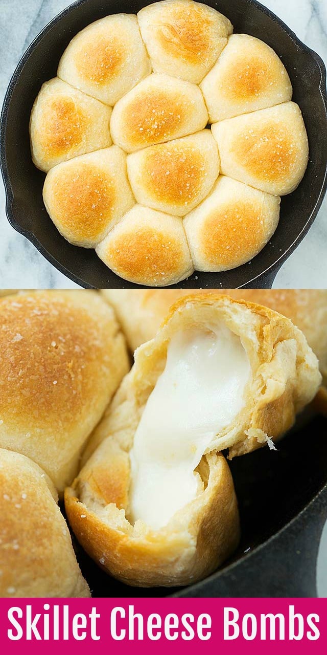 Skillet Cheese Bombs - buttery, flaky mozzarella cheese-filled biscuits in a skillet. These cheese bombs take only 15 mins to make and perfect as snacks or appetizers!