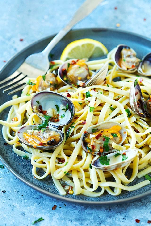 Close up shot of clam pasta made with linguine.