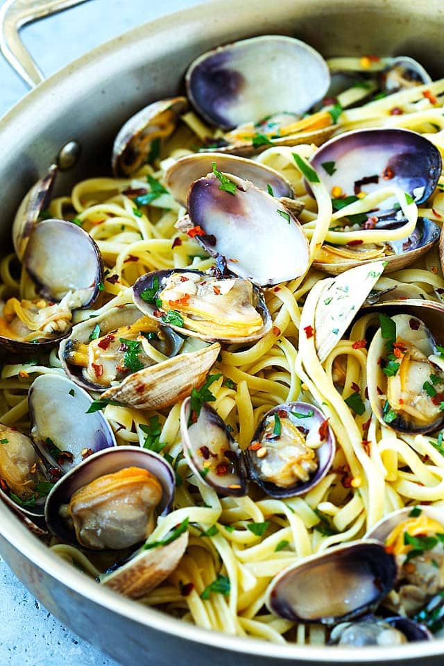 Linguine alle vongole made spicy with dry red pepper flakes.