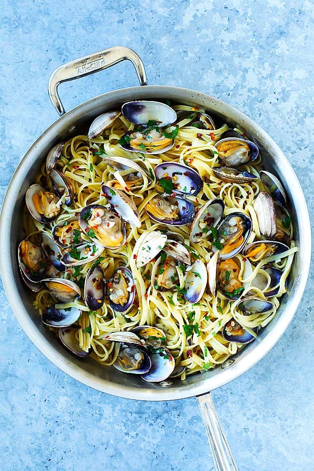 Clam Pasta with red pepper flakes in a skillet, ready to be served.