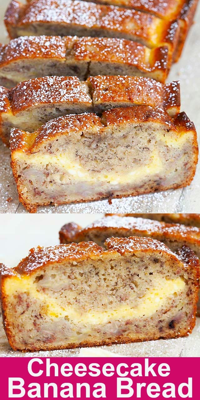 Moist and sweet homemade banana bread with cream cheese cheesecake filling. This Cheesecake Banana Bread recipe is utterly rich and delicious. So good!