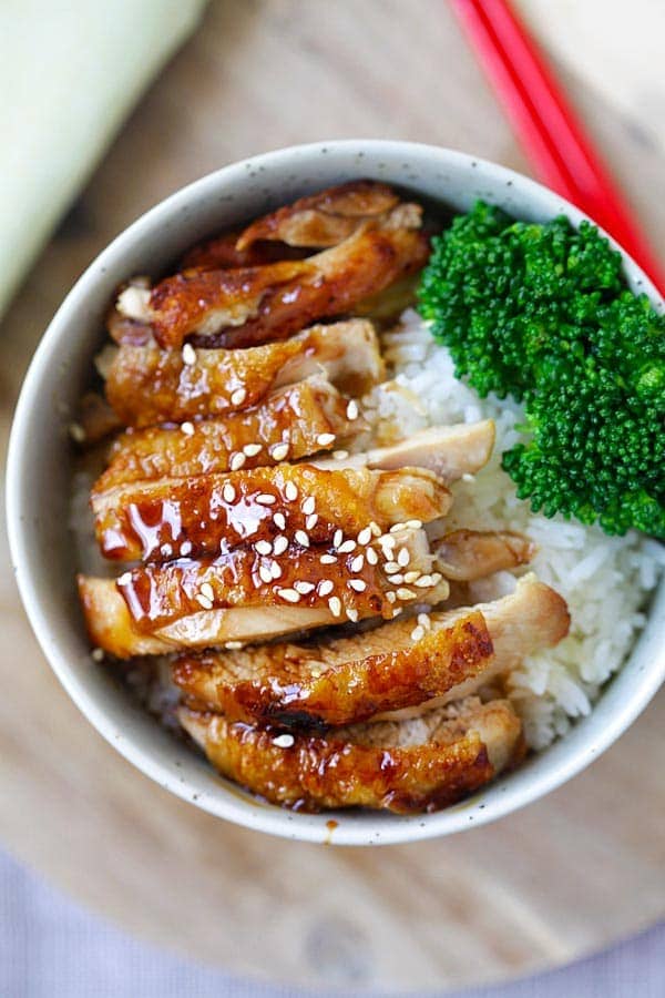 Teriyaki chicken in a bowl.