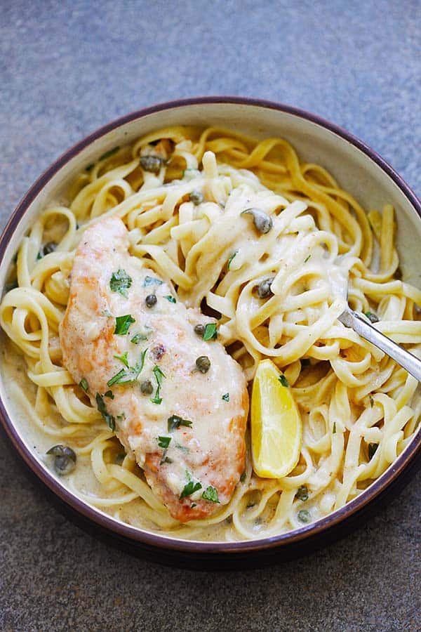 Chicken Piccata with spaghetti cooked in pressure cooker, ready to be served.