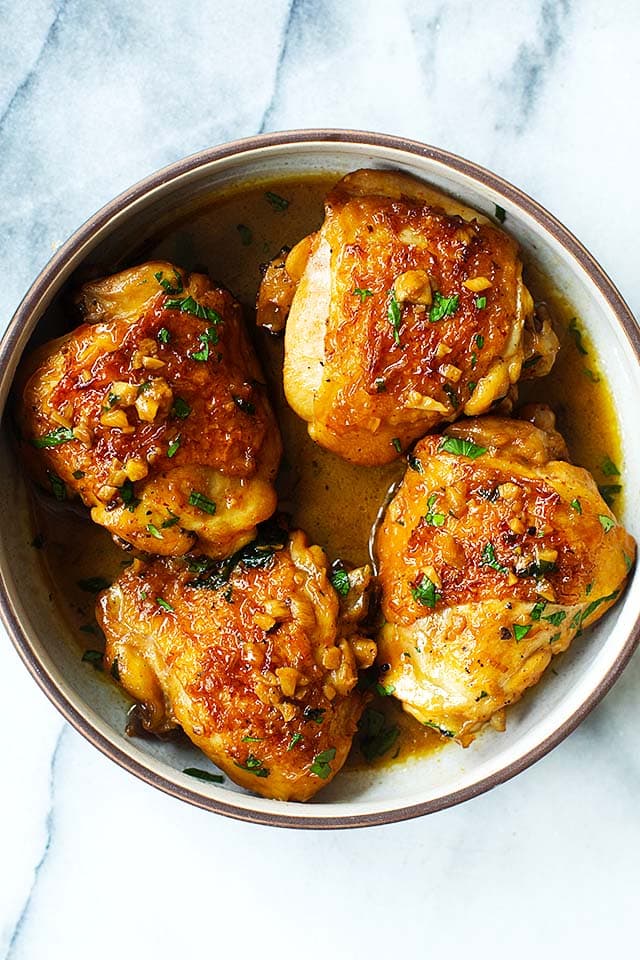 Pressure Cooker Brown Sugar Garlic Chicken in a bowl, ready to be served.