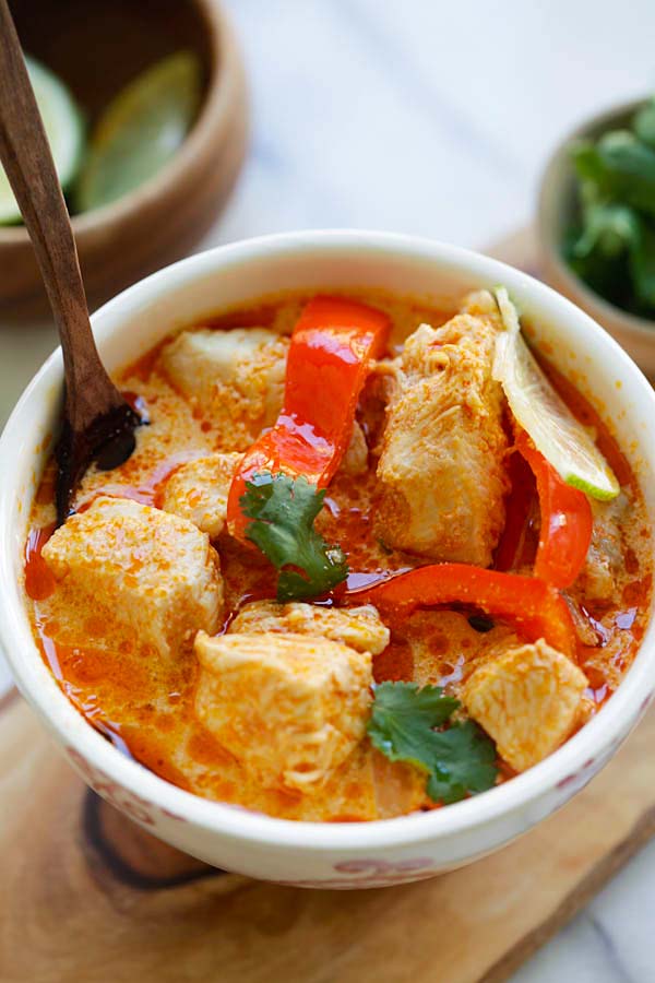 Creamy Thai Coconut Chicken Soup in a bowl ready to serve.