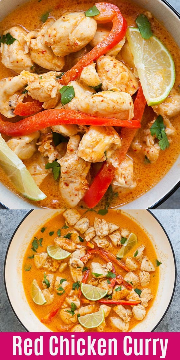 Chicken curry made with red curry paste, coconut milk and cooked in one pan. This chicken curry recipe is fast, easy to make, tasty and great as family dinner!