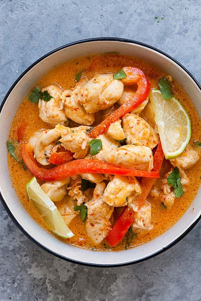 Chicken curry in a white bowl.