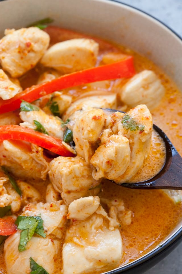 Fast chicken curry in a bowl, ready to serve.