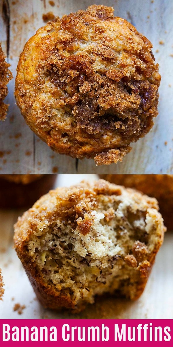 These Banana Crumb Muffins are the best banana muffins ever, with crunchy and sweet crumbs at the top. The recipe is so easy no special equipment is needed. Just mix the batter and bake in the oven. 