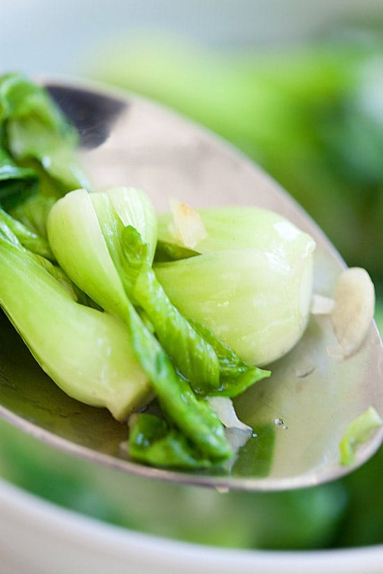 Healthy homemade stir-fry bok choy is ready to serve.