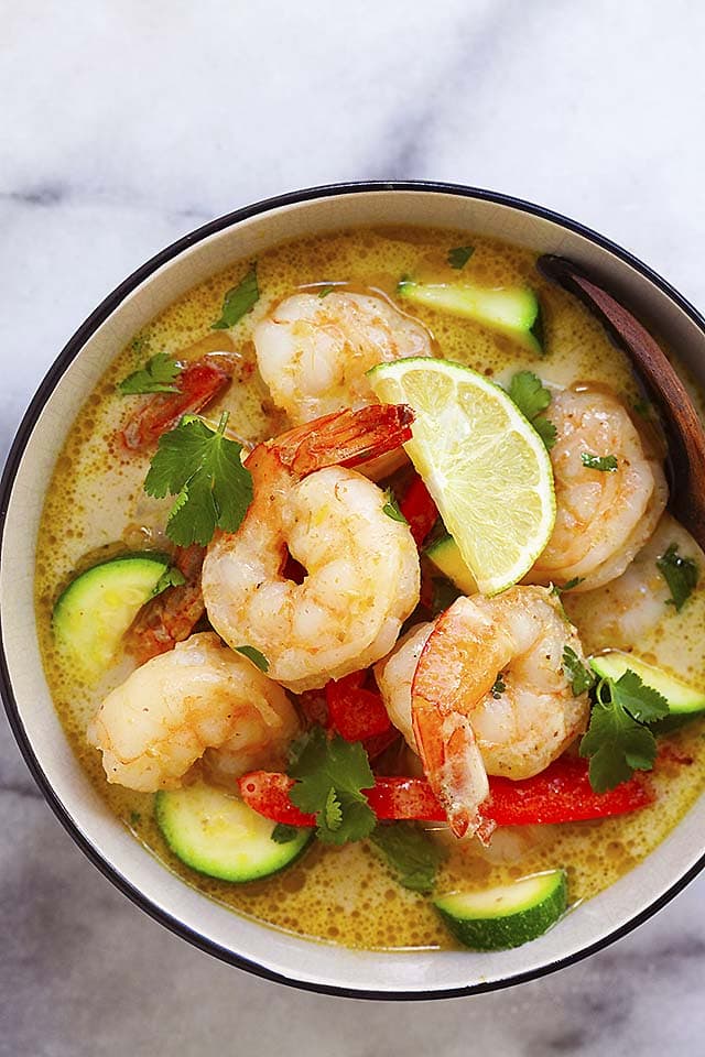Shrimp curry made with Thai green curry paste, ready to be served in a bowl.