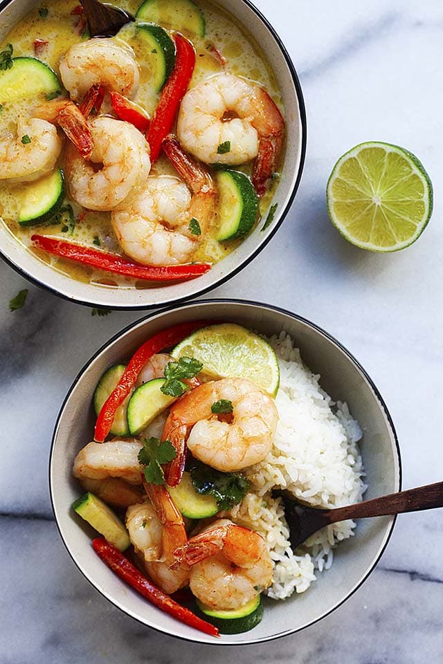 Shrimp curry with vegetables in a Thai green curry sauce, ready to be eaten.