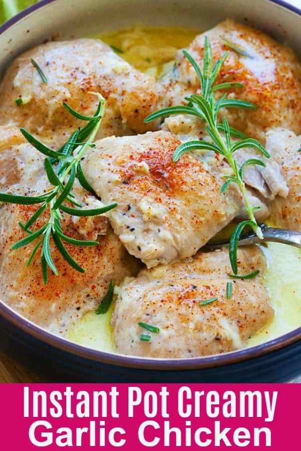 Skinless and boneless Instant Pot chicken thighs with a rich and creamy garlic sauce. This recipe takes only 5 minutes in the pressure cooker, so easy to make and delicious. You can serve the chicken thighs with pasta or rice for a complete meal.