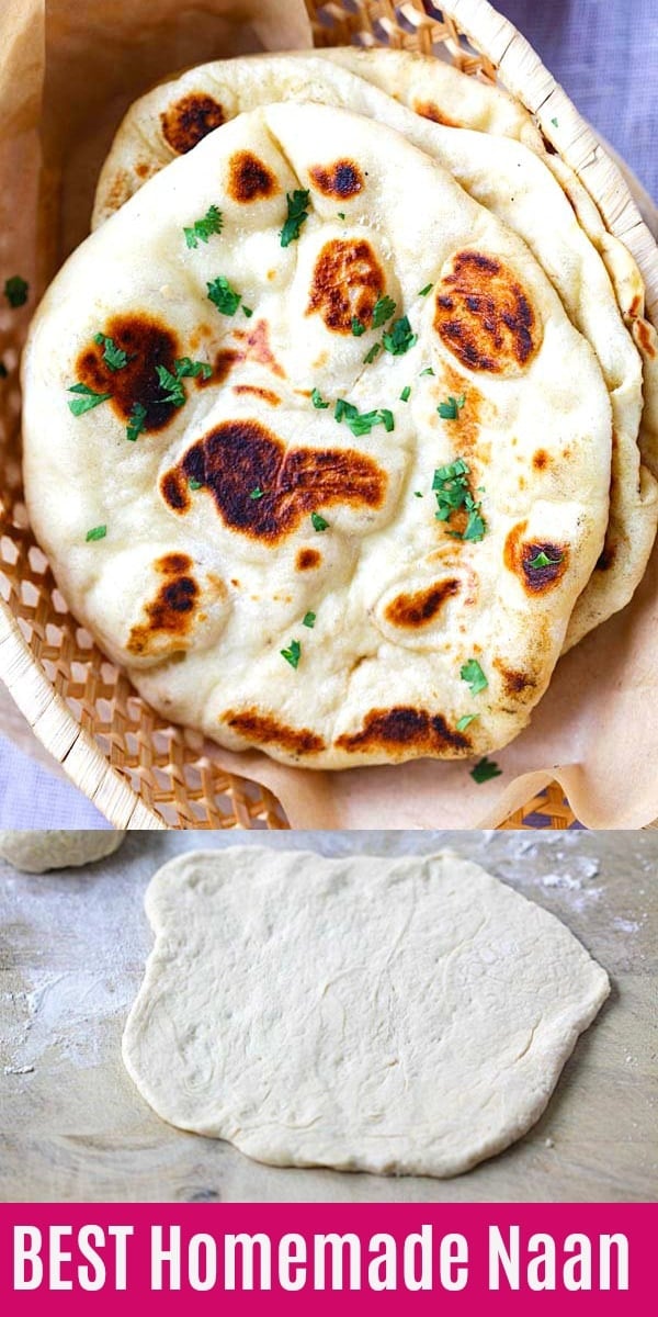 Naan - ricetta facile di pane naan fatto in casa usando una padella di ghisa. Pane naan morbido, gonfio, con belle bolle marroni proprio come i ristoranti indiani.